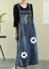 Vestido túnica con flores en azul vaquero y blanco intenso, vestido largo con escote oblicuo y agujeros
